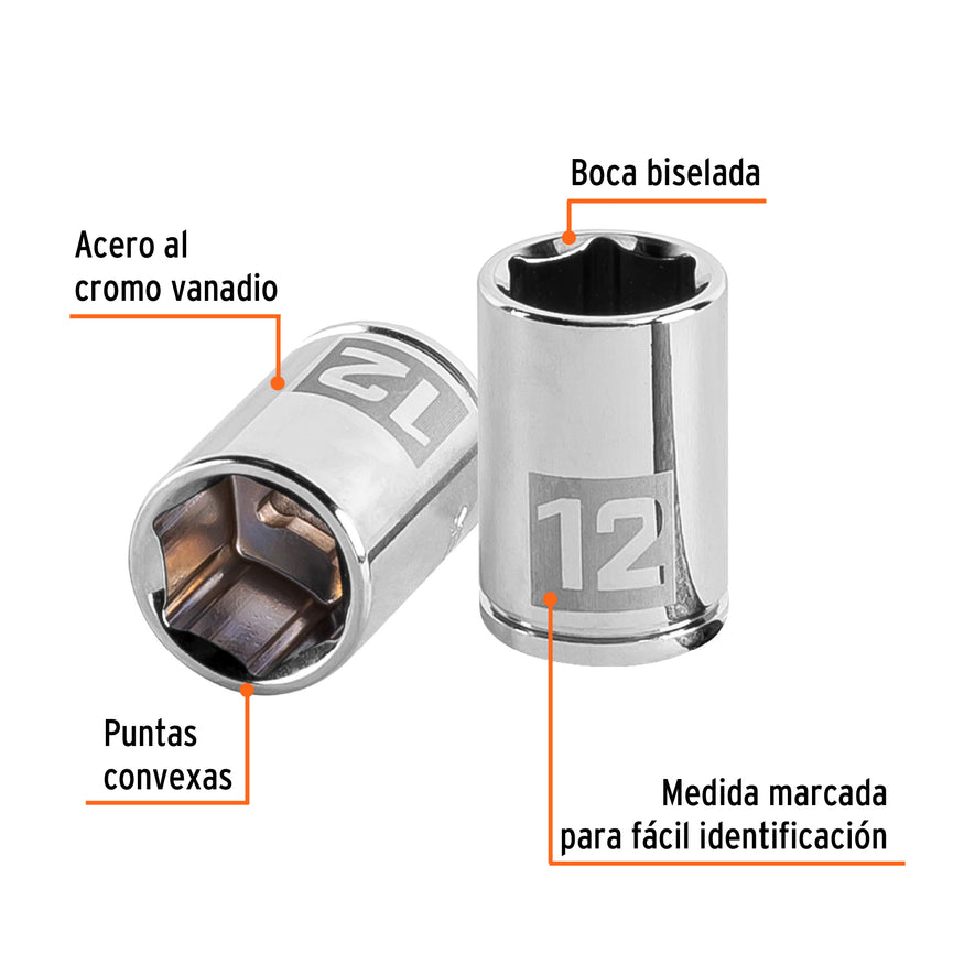 Dado de 12 mm, 6 puntas, cuadro 1/4', Truper Caja con 6, 13174