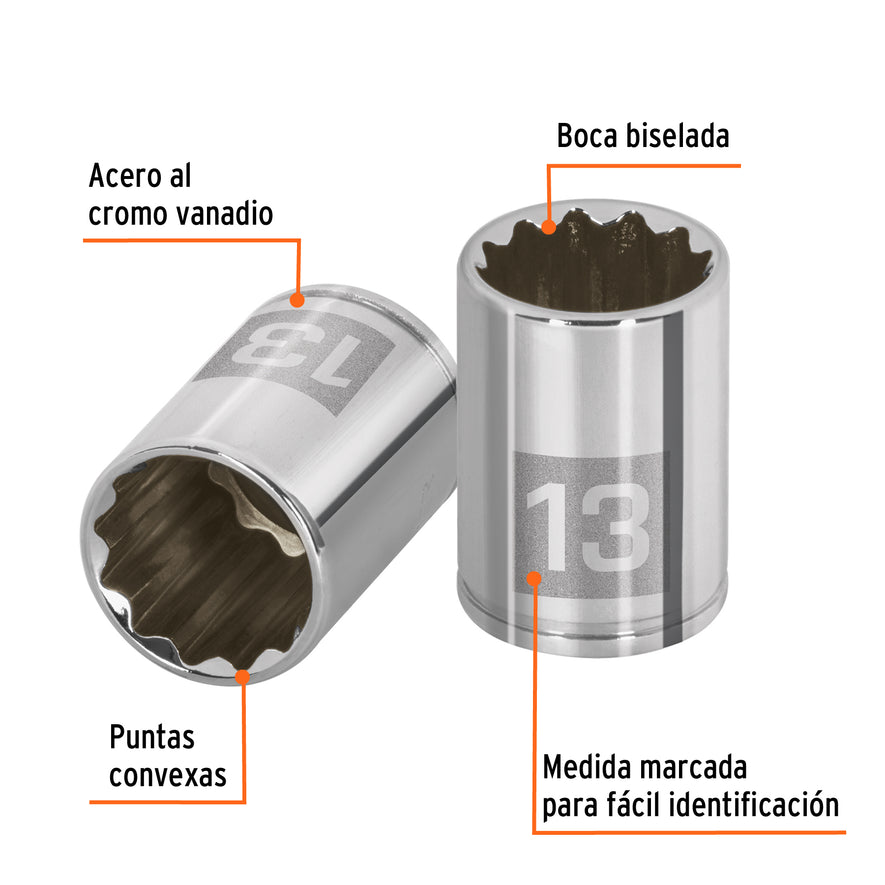 Dado de 13 mm, 12 puntas, cuadro 1/4', Truper Caja con 6, 100987