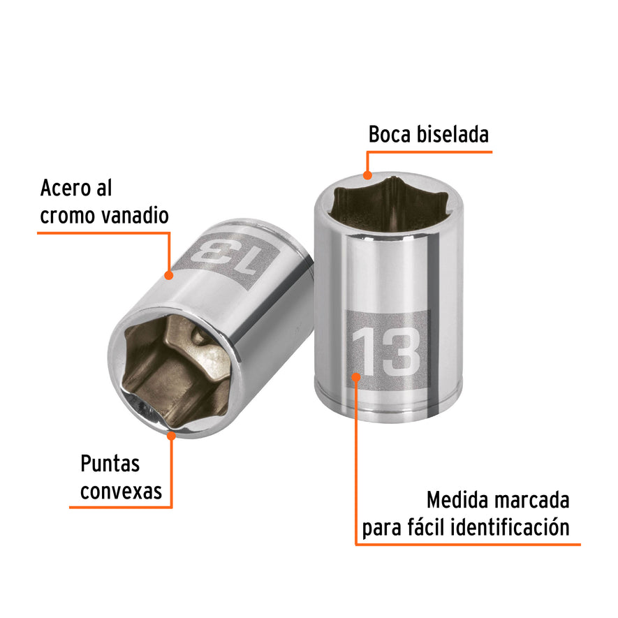 Dado de 13 mm, 6 puntas, cuadro 1/4', Truper Caja con 6, 13175