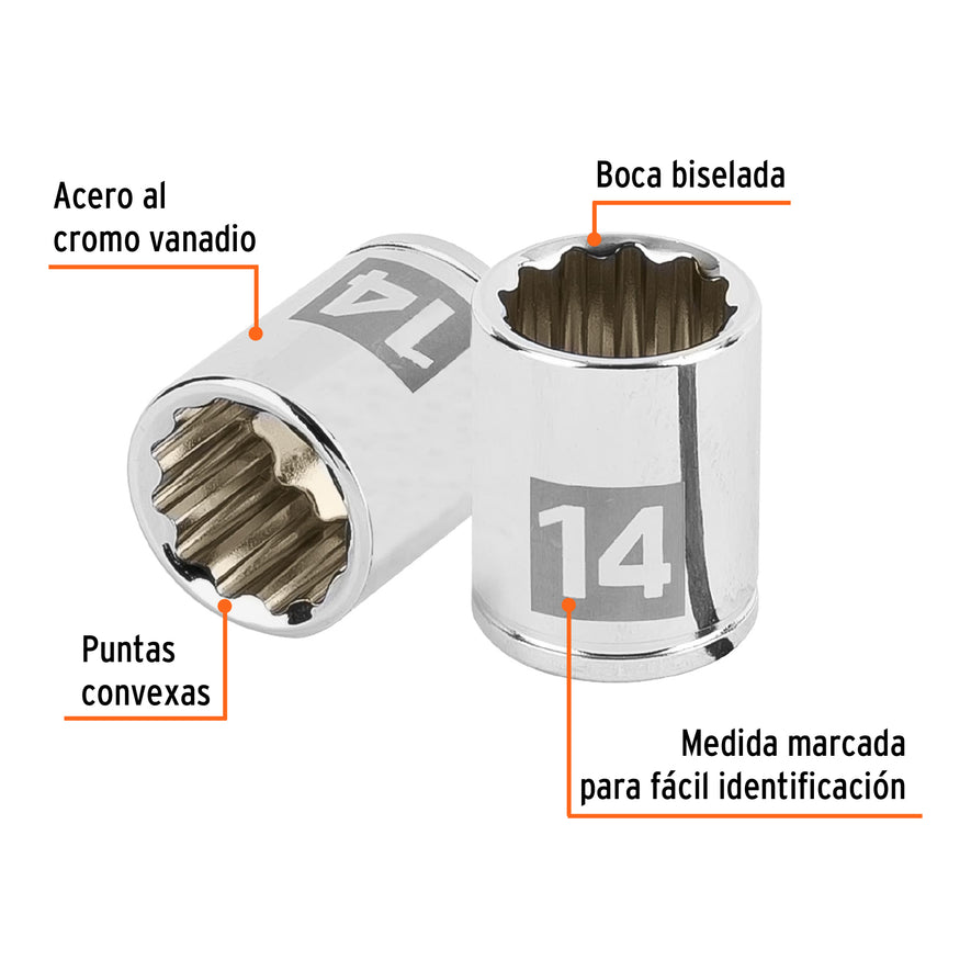 Dado de 14 mm, 12 puntas, cuadro 1/4', Truper Caja con 6, 100953
