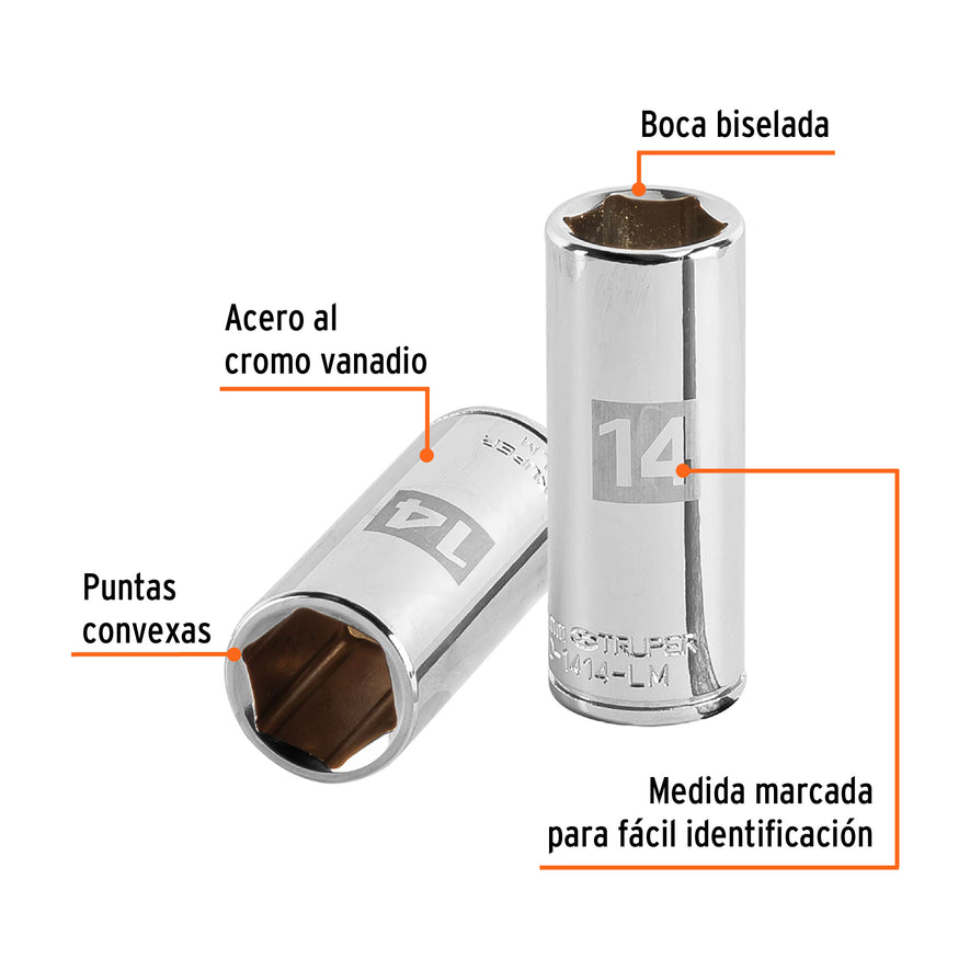 Dado largo de 14 mm, 6 puntas, cuadro 1/4', Truper Caja con 6, 13208