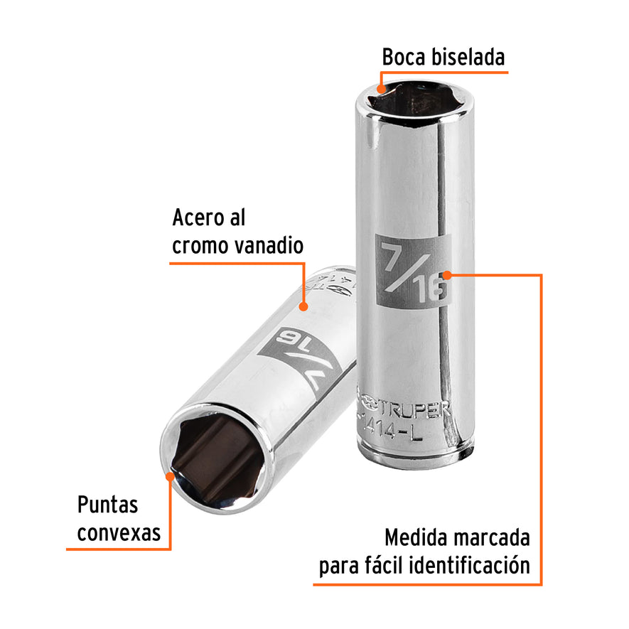 Dado largo de 7/16', 6 puntas, cuadro 1/4', Truper Caja con 6, 13187