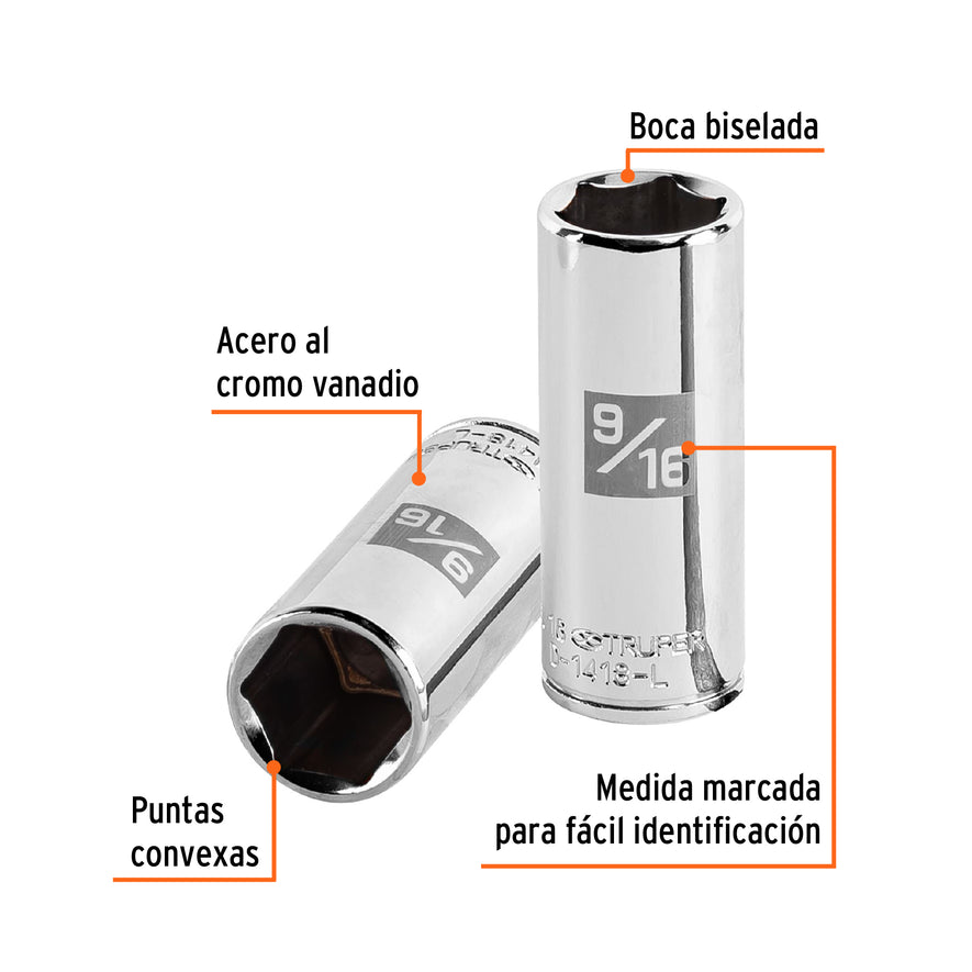 Dado largo de 9/16', 6 puntas, cuadro 1/4', Truper Caja con 6, 13189