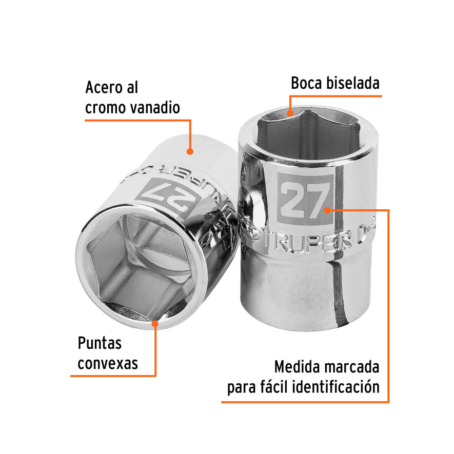 Dado de 27 mm, 6 puntas, cuadro 3/4', Truper Caja con 3, 14975