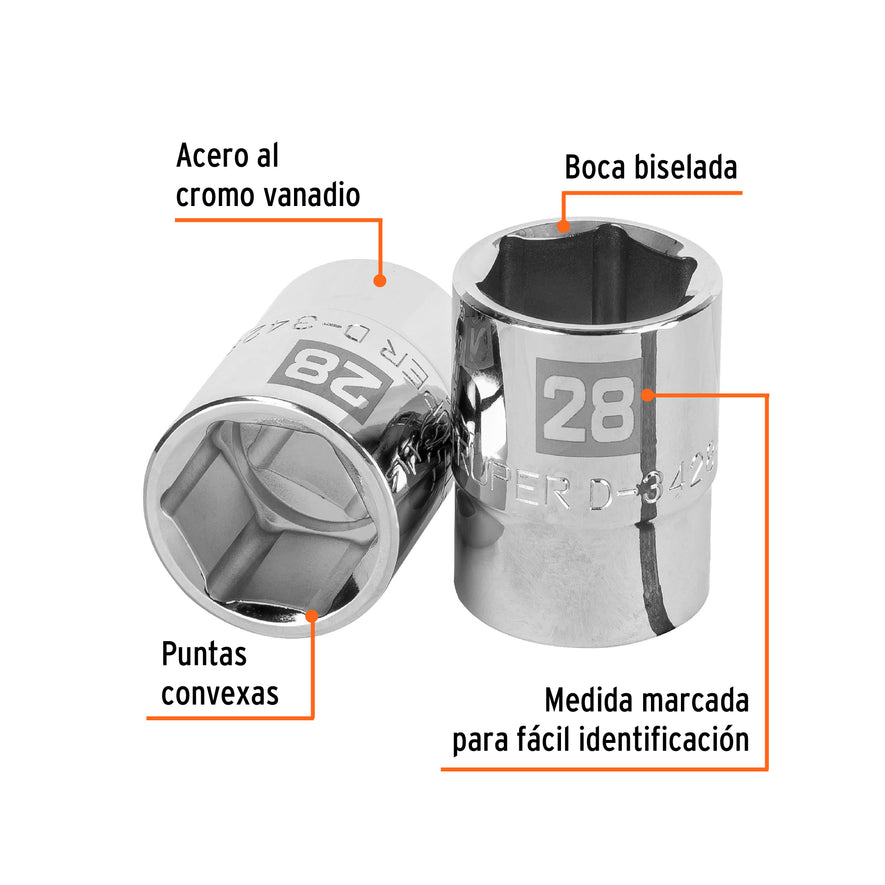 Dado de 28 mm, 6 puntas, cuadro 3/4', Truper Caja con 3, 14977