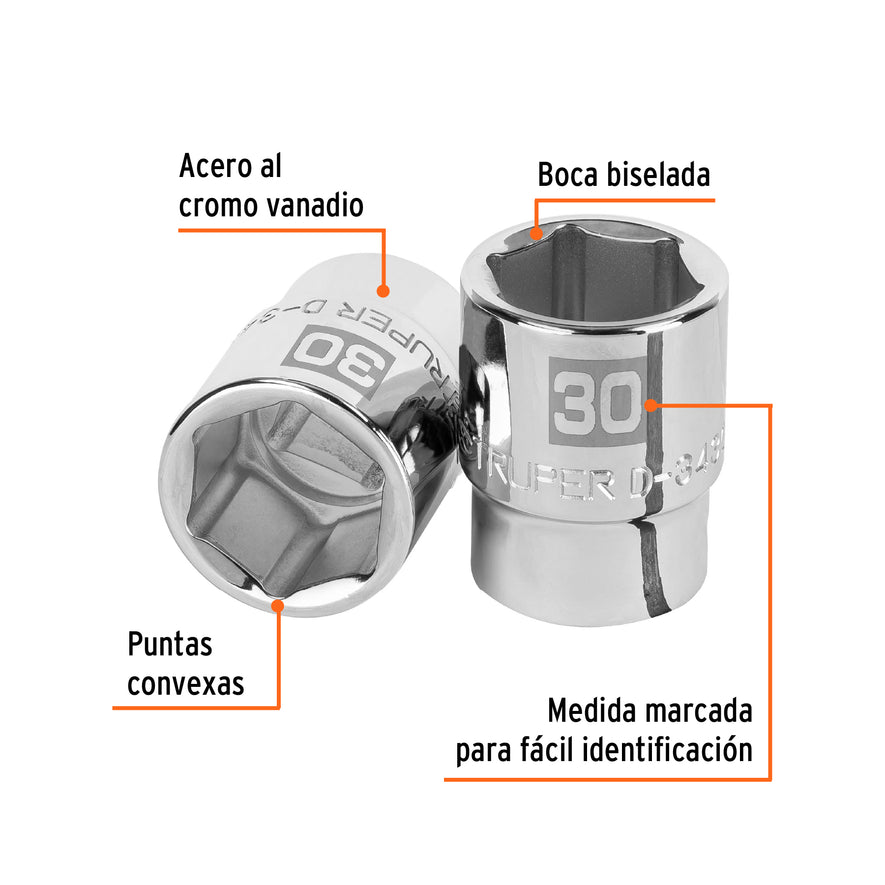 Dado de 30 mm, 6 puntas, cuadro 3/4', Truper Caja con 3, 14979