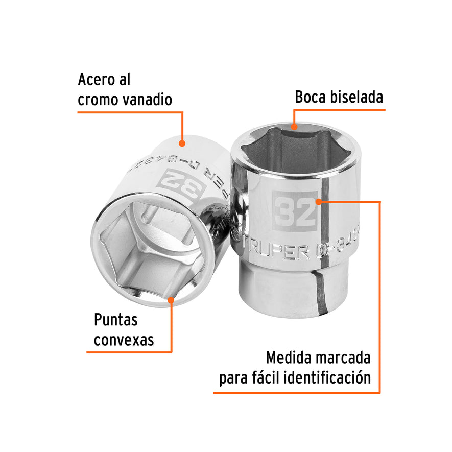Dado de 32 mm, 6 puntas, cuadro 3/4', Truper Caja con 3, 14981