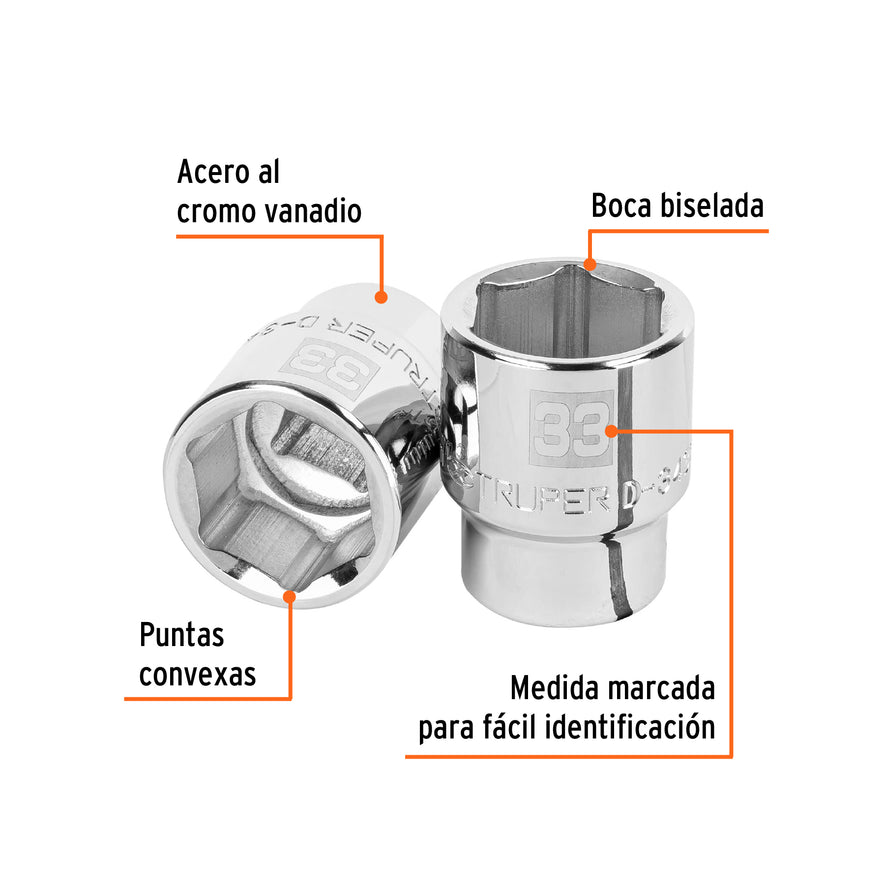 Dado de 33 mm, 6 puntas, cuadro 3/4', Truper Caja con 3, 14983