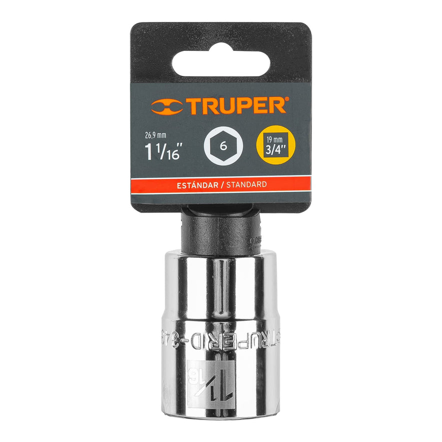 Dado de 1-1/16', 6 puntas, cuadro 3/4', Truper Caja con 3, 13825