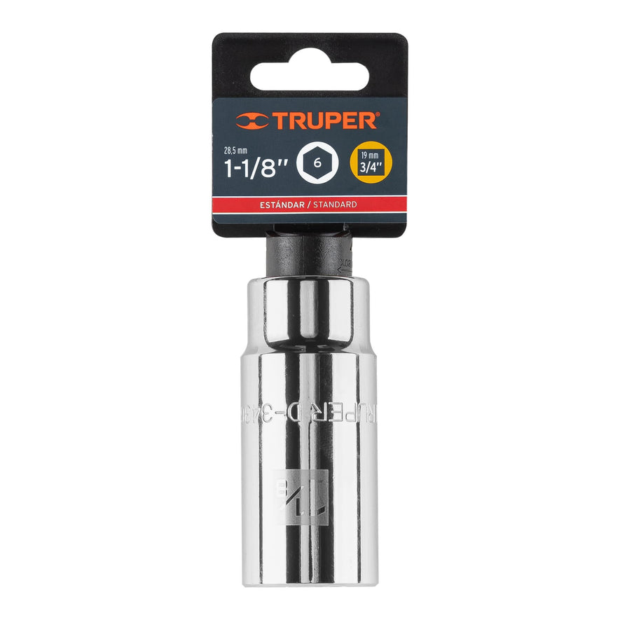 Dado largo de 1-1/8', 6 puntas, cuadro 3/4', Truper Caja con 3, 19345