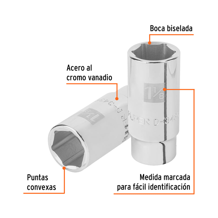 Dado largo de 1-1/8', 6 puntas, cuadro 3/4', Truper Caja con 3, 19345
