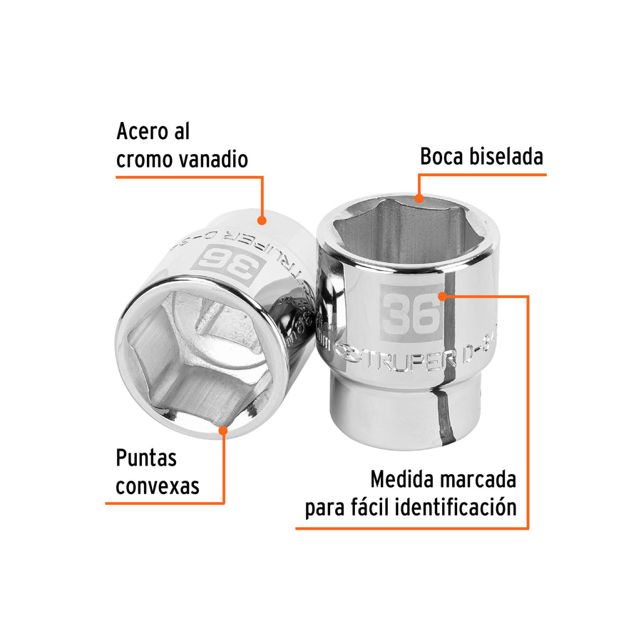 Dado de 36 mm, 6 puntas, cuadro 3/4', Truper Caja con 3, 14987