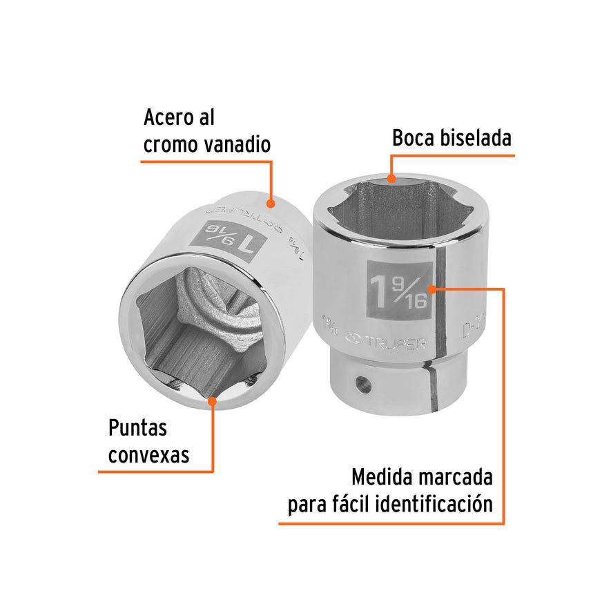 Dado de 1-9/16', 6 puntas, cuadro 3/4', Truper Caja con 3, 13833