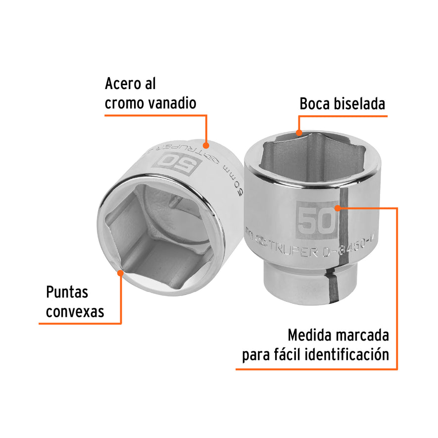 Dado de 50 mm, 6 puntas, cuadro 3/4', Truper Caja con 3, 14997