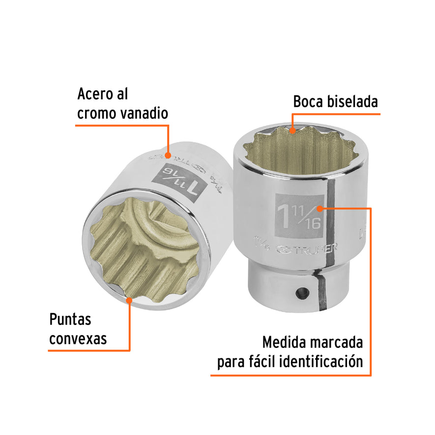 Dado de 1-11/16', 12 puntas, cuadro 3/4', Truper Caja con 3, 13865