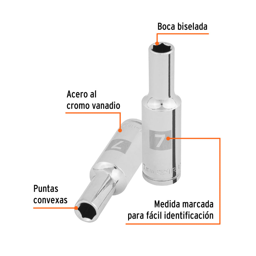 Dado largo de 7 mm, 6 puntas, cuadro 3/8', Truper Caja con 6, 100992