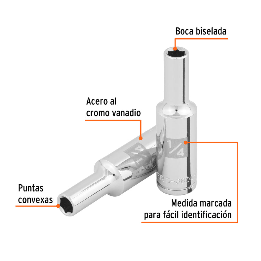 Dado largo de 1/4', 6 puntas, cuadro 3/8', Truper Caja con 6, 100919