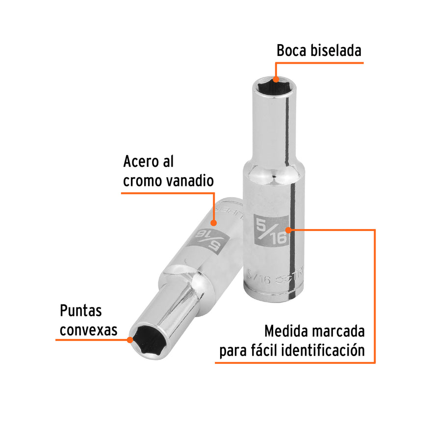 Dado largo de 5/16', 6 puntas, cuadro 3/8', Truper Caja con 6, 100990