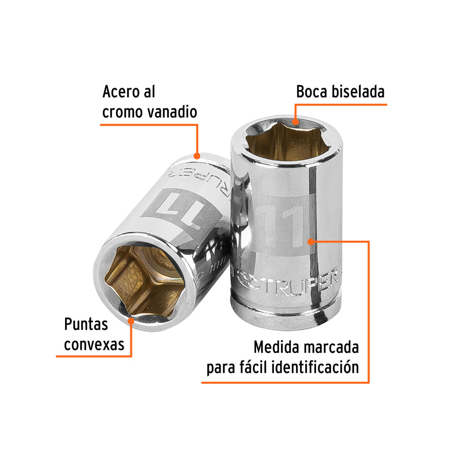 Dado de 11 mm, 6 puntas, cuadro 3/8', Truper Caja con 6, 13675