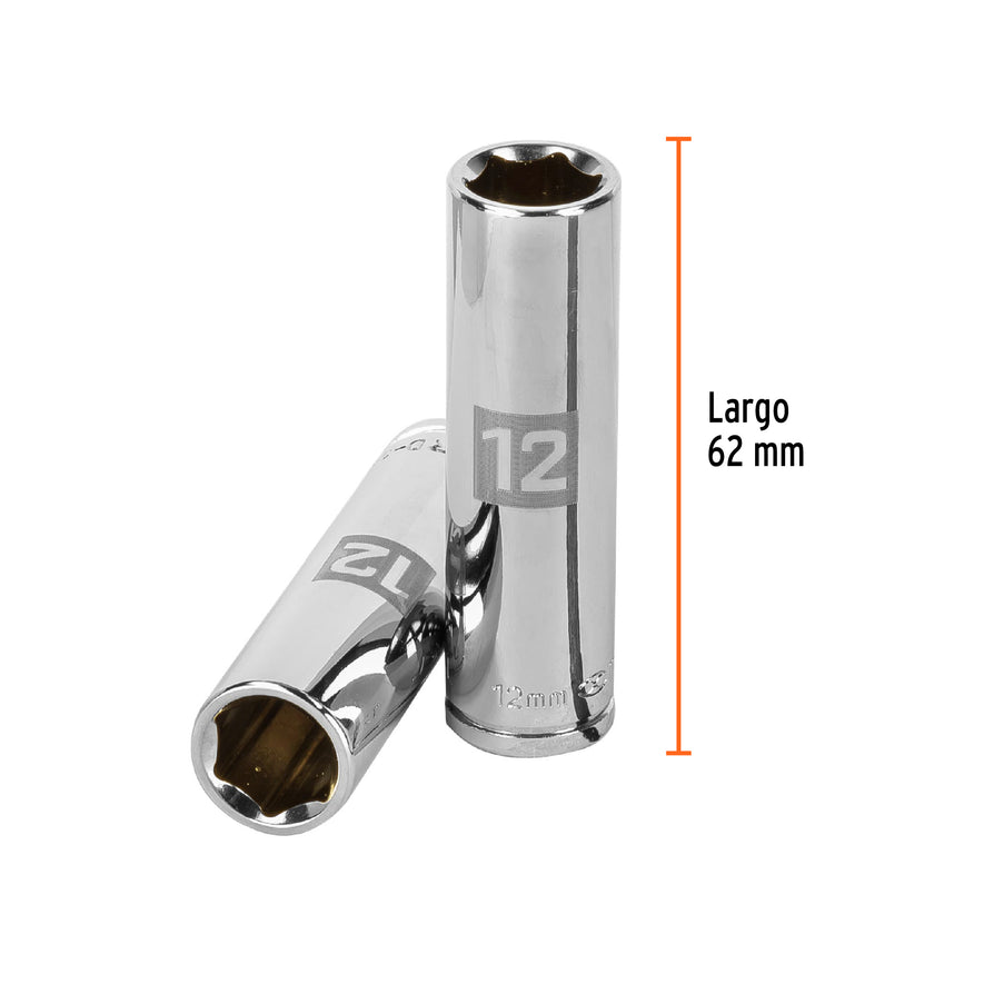 Dado largo de 12 mm, 6 puntas, cuadro 3/8', Truper Caja con 6, 13772