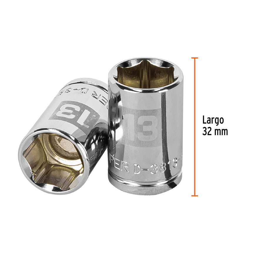 Dado de 13 mm, 6 puntas, cuadro 3/8', Truper Caja con 6, 13677