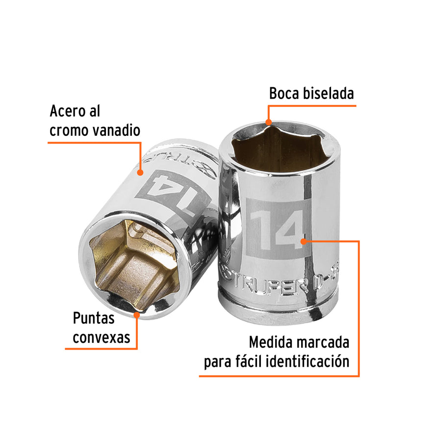 Dado de 14 mm, 6 puntas, cuadro 3/8', Truper Caja con 6, 13678