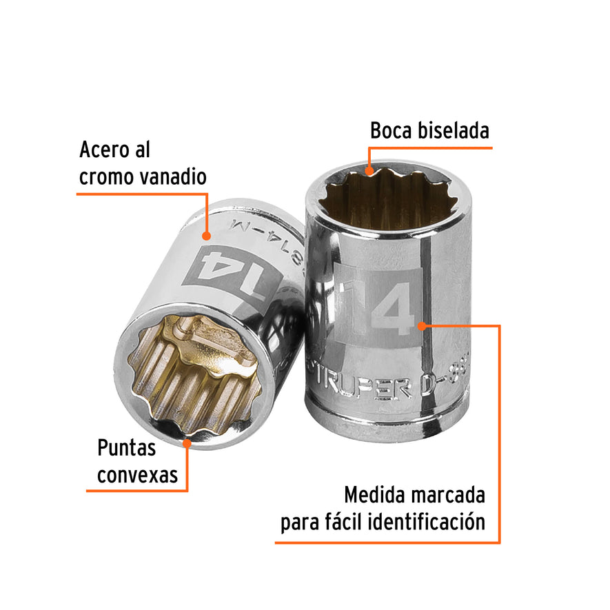 Dado de 14 mm, 12 puntas, cuadro 3/8', Truper Caja con 6, 13634