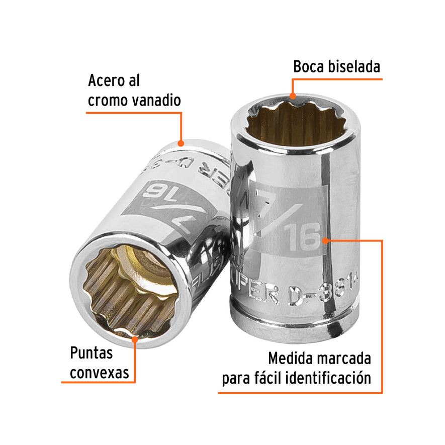 Dado de 7/16', 12 puntas, cuadro 3/8', Truper Caja con 6, 13583