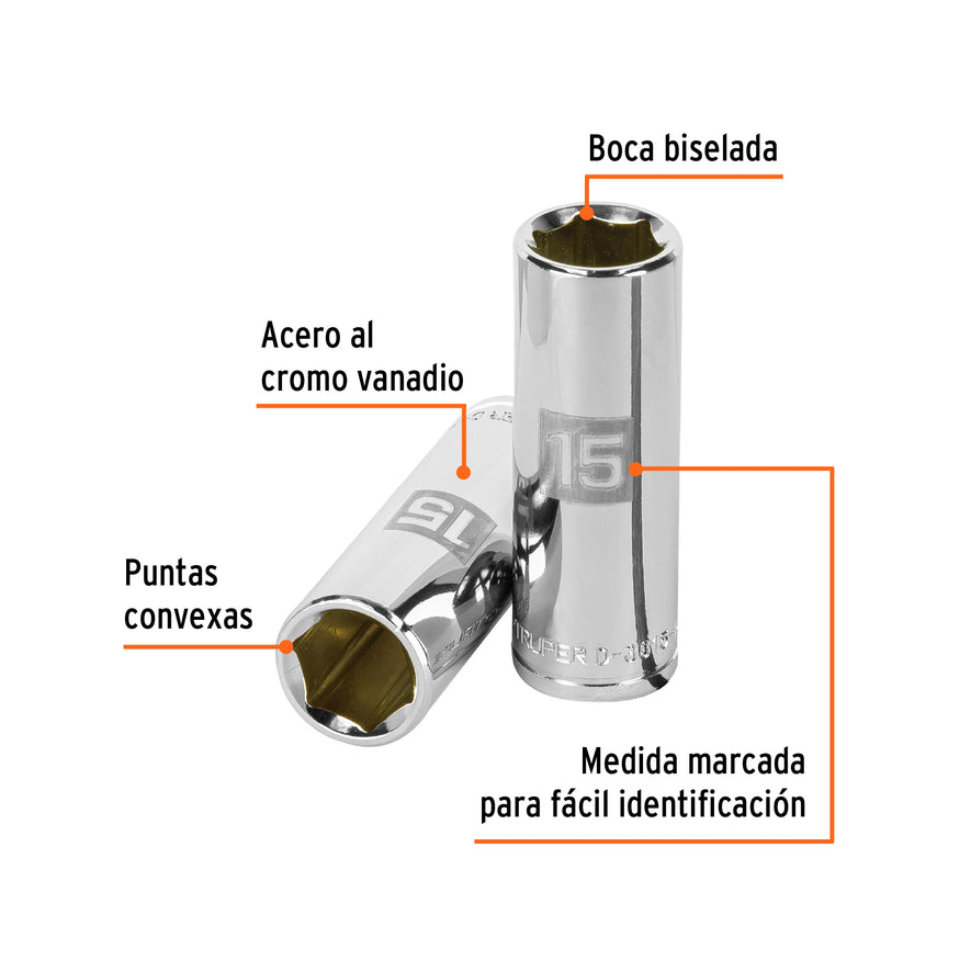 Dado largo de 15 mm, 6 puntas, cuadro 3/8', Truper Caja con 6, 13775