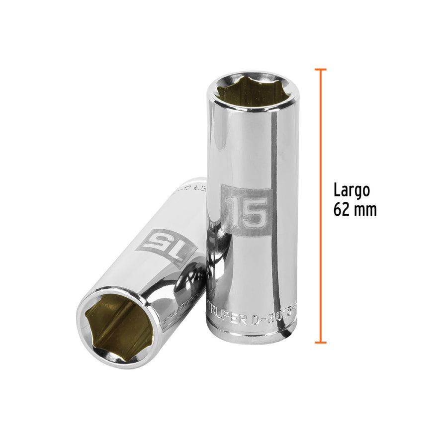 Dado largo de 15 mm, 6 puntas, cuadro 3/8', Truper Caja con 6, 13775