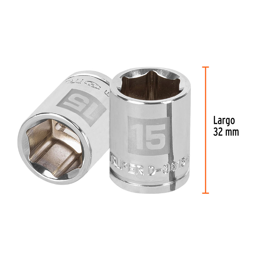 Dado de 15 mm, 6 puntas, cuadro 3/8', Truper Caja con 6, 13679