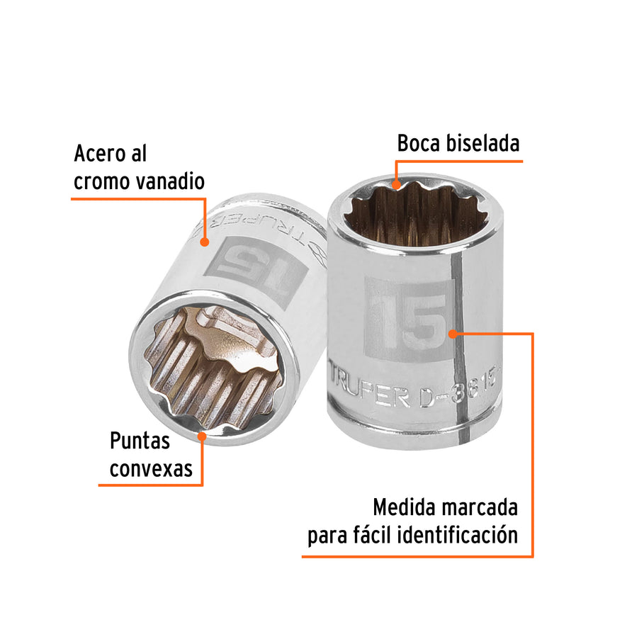 Dado de 15 mm, 12 puntas, cuadro 3/8', Truper Caja con 6, 13635