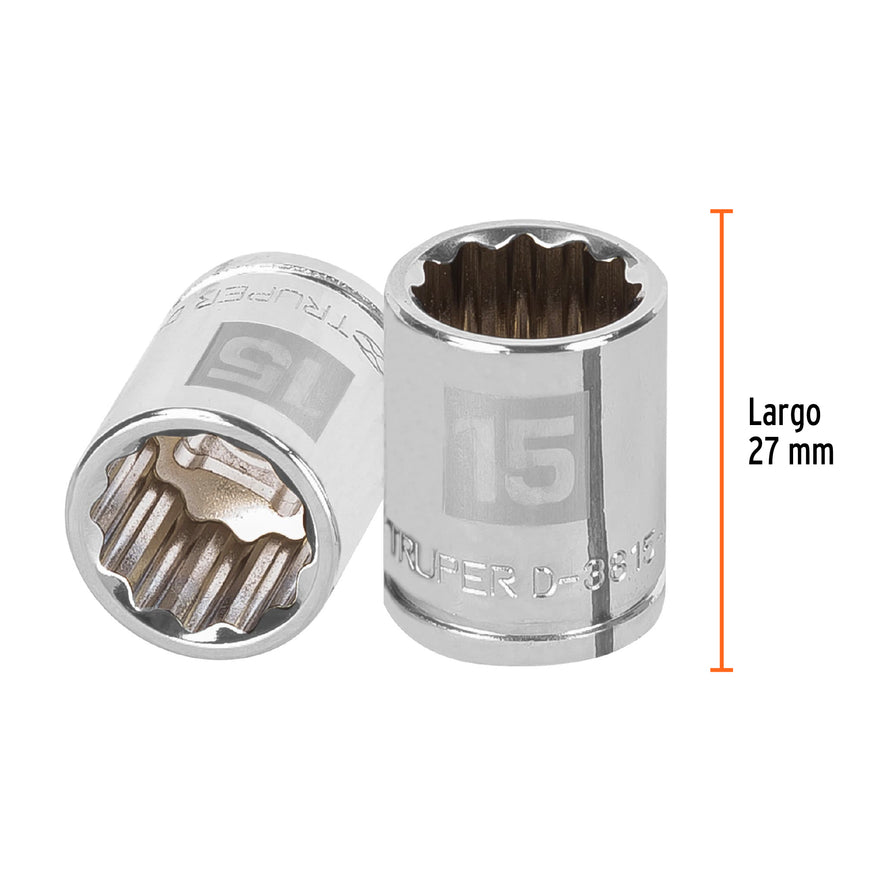 Dado de 15 mm, 12 puntas, cuadro 3/8', Truper Caja con 6, 13635