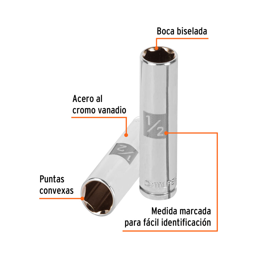 Dado largo de 1/2', 6 puntas, cuadro 3/8', Truper Caja con 6, 13714