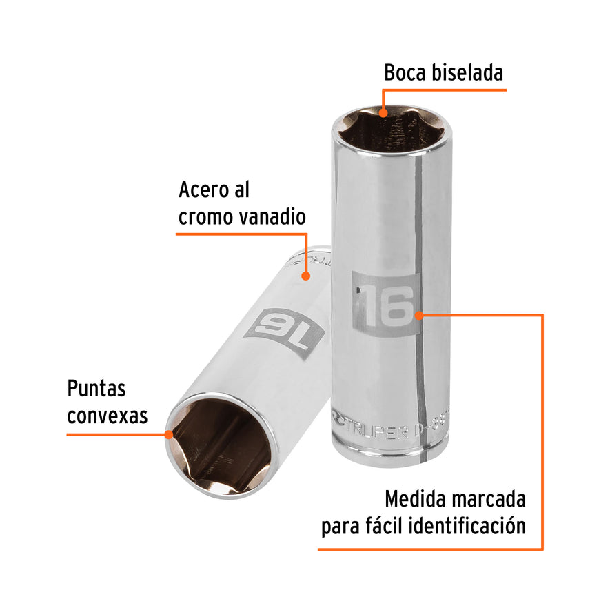 Dado largo de 16 mm, 6 puntas, cuadro 3/8', Truper Caja con 6, 13776