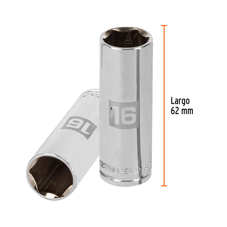 Dado largo de 16 mm, 6 puntas, cuadro 3/8', Truper Caja con 6, 13776