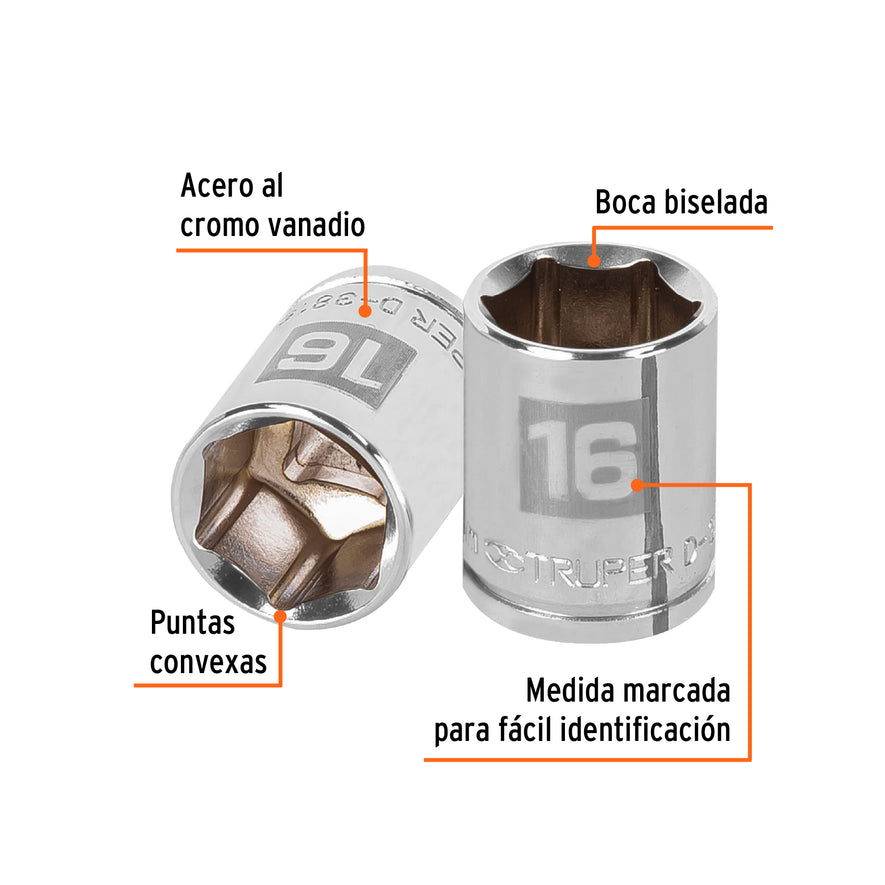 Dado de 16 mm, 6 puntas, cuadro 3/8', Truper Caja con 6, 13680