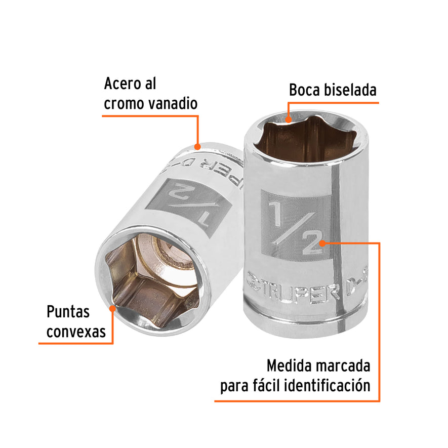 Dado de 1/2', 6 puntas, cuadro 3/8', Truper Caja con 6, 13609