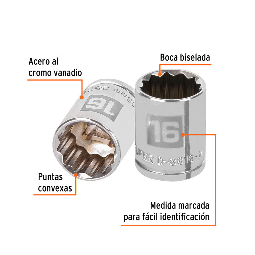 Dado de 16 mm, 12 puntas, cuadro 3/8', Truper Caja con 6, 13636