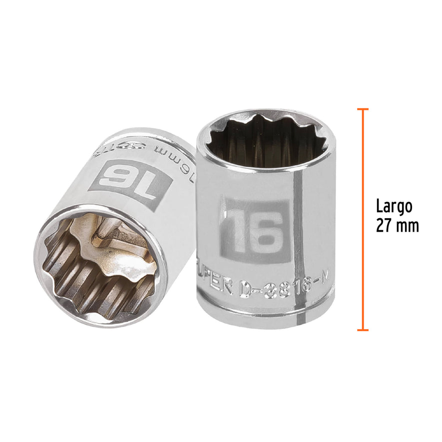 Dado de 16 mm, 12 puntas, cuadro 3/8', Truper Caja con 6, 13636