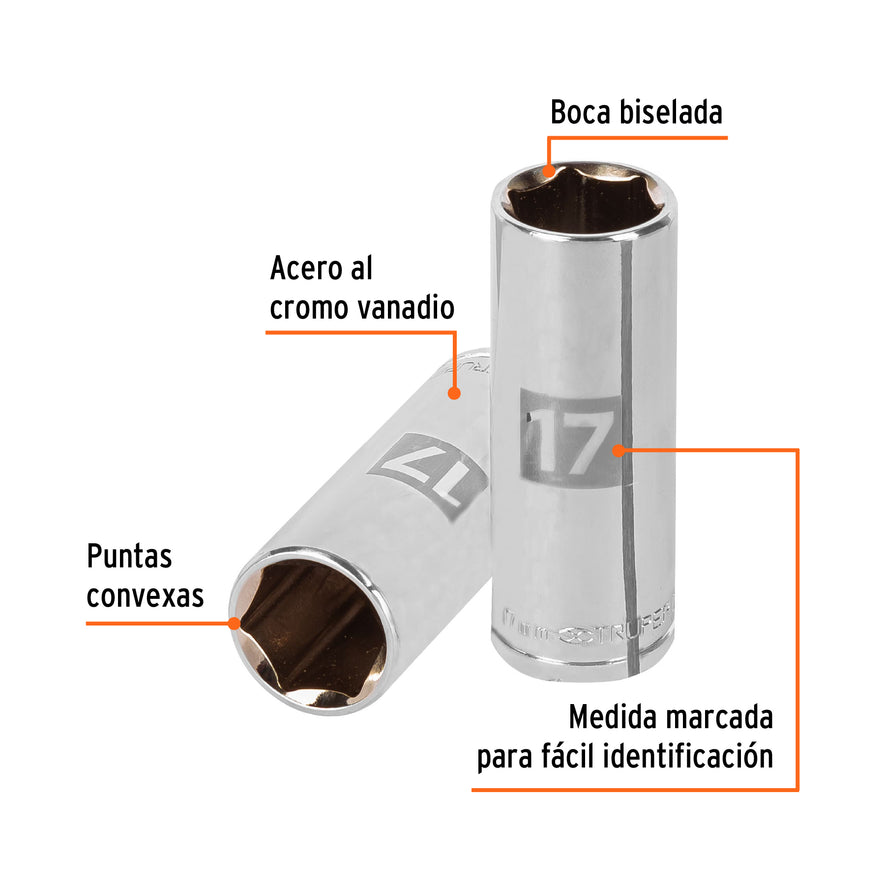 Dado largo de 17 mm, 6 puntas, cuadro 3/8', Truper Caja con 6, 13777