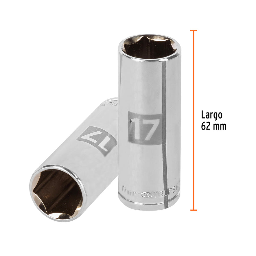 Dado largo de 17 mm, 6 puntas, cuadro 3/8', Truper Caja con 6, 13777