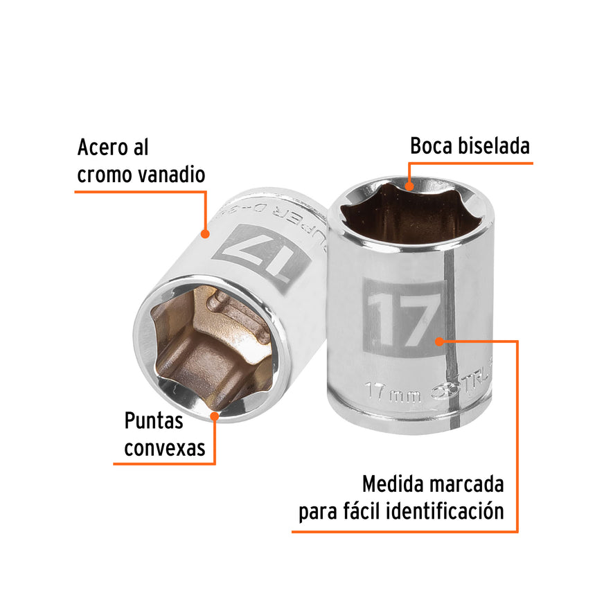Dado de 17 mm, 6 puntas, cuadro 3/8', Truper Caja con 6, 13681