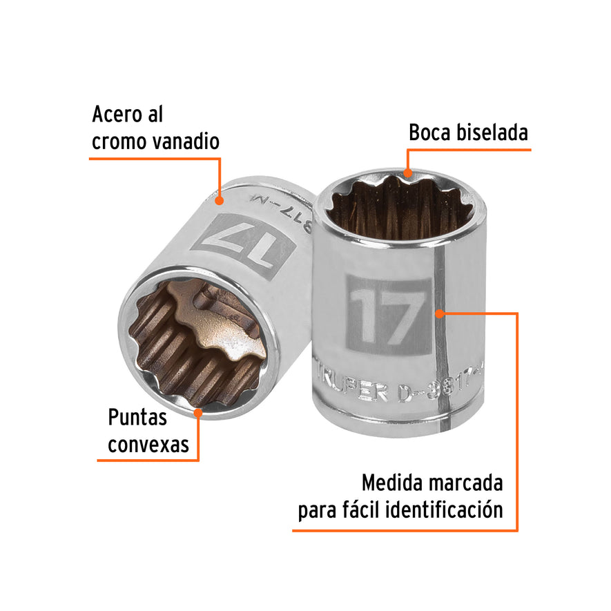 Dado de 17 mm, 12 puntas, cuadro 3/8', Truper Caja con 6, 13637