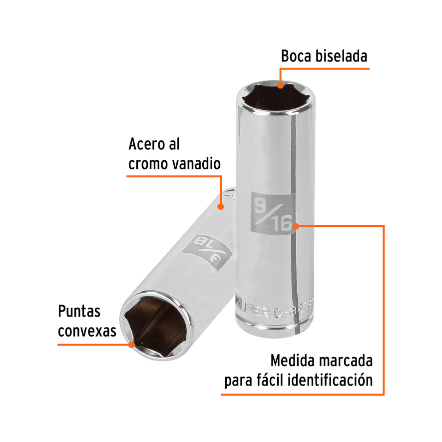 Dado largo de 9/16', 6 puntas, cuadro 3/8', Truper Caja con 6, 13715