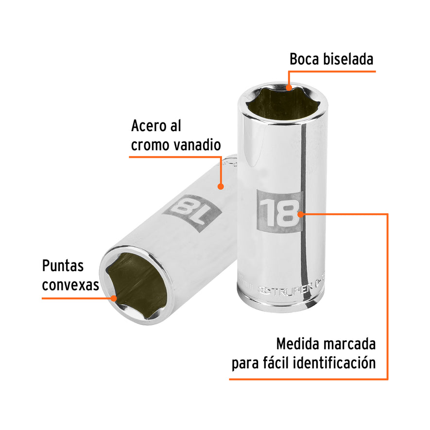 Dado largo de 18 mm, 6 puntas, cuadro 3/8', Truper Caja con 6, 13778
