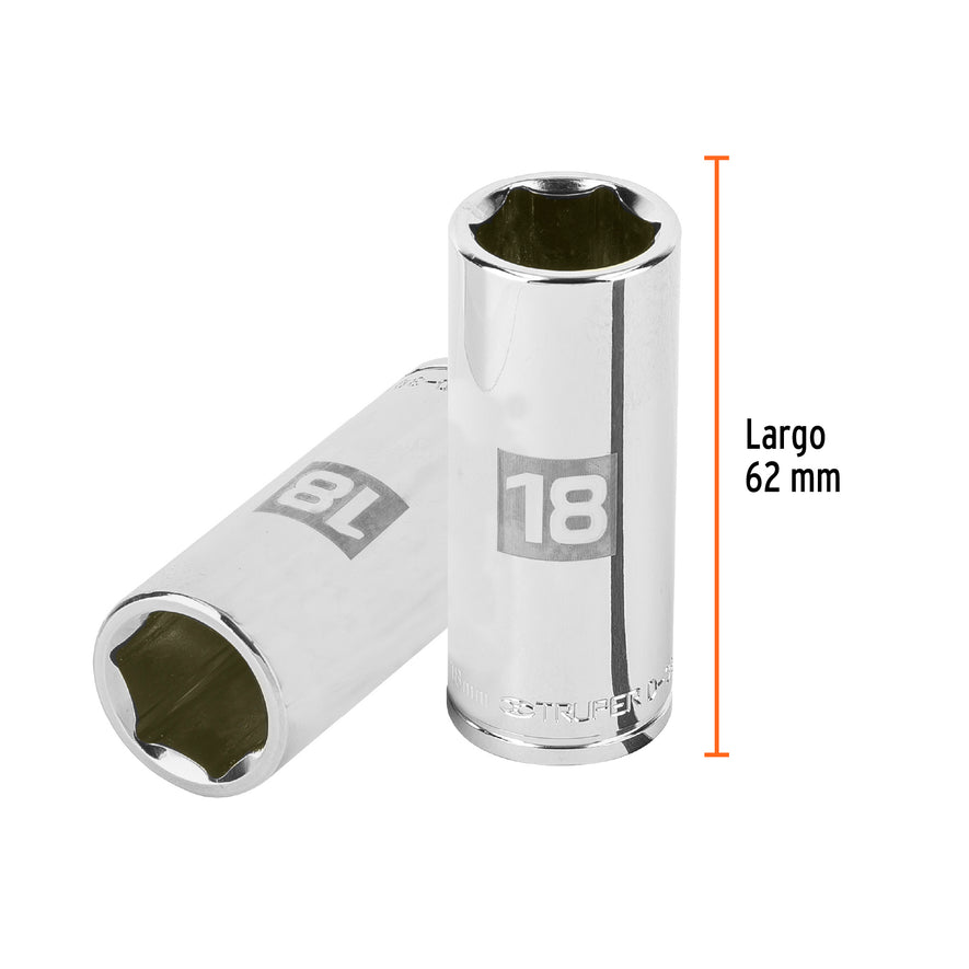 Dado largo de 18 mm, 6 puntas, cuadro 3/8', Truper Caja con 6, 13778