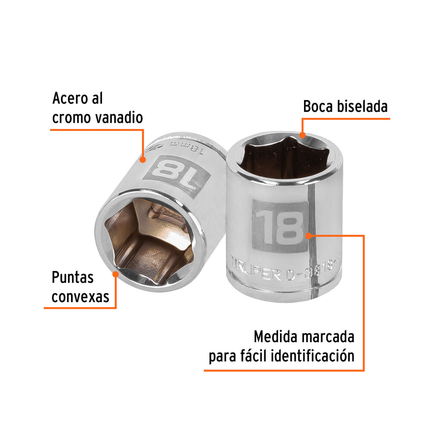 Dado de 18 mm, 6 puntas, cuadro 3/8', Truper Caja con 6, 13682