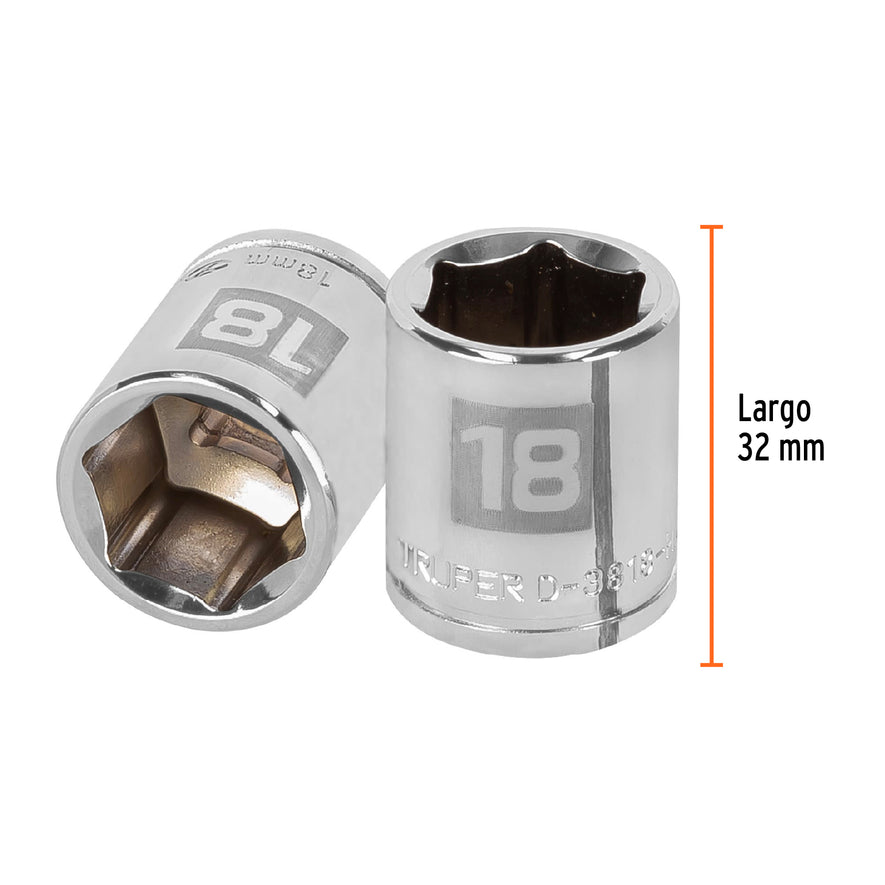 Dado de 18 mm, 6 puntas, cuadro 3/8', Truper Caja con 6, 13682
