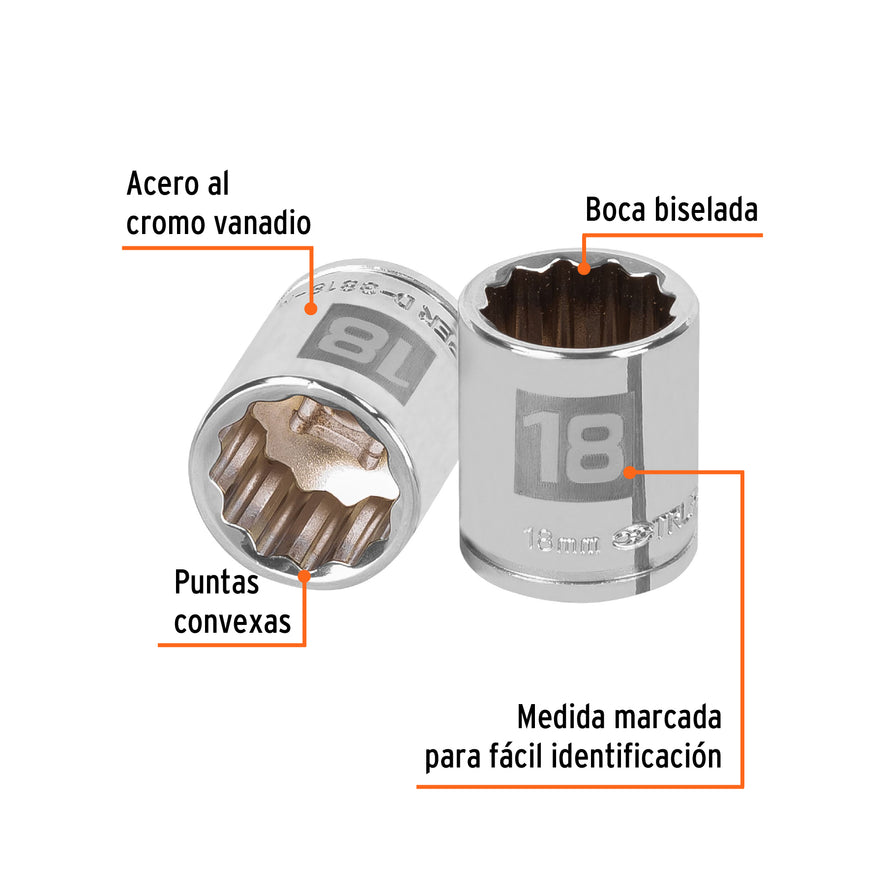 Dado de 18 mm, 12 puntas, cuadro 3/8', Truper Caja con 6, 13638